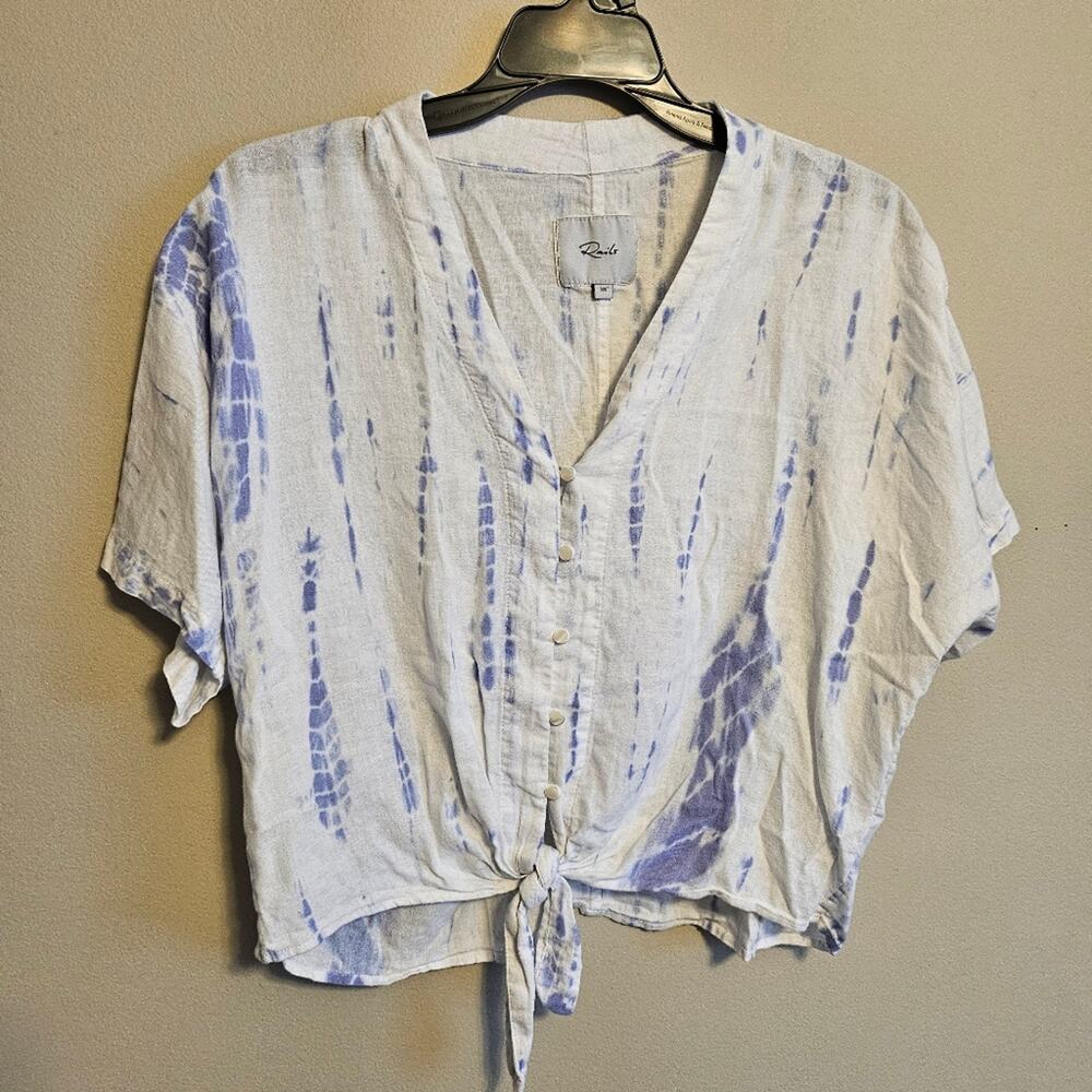 Rails Thea Blouse Cloud Tie Dye White and Blue Linen Blend XS Short Sleeve
